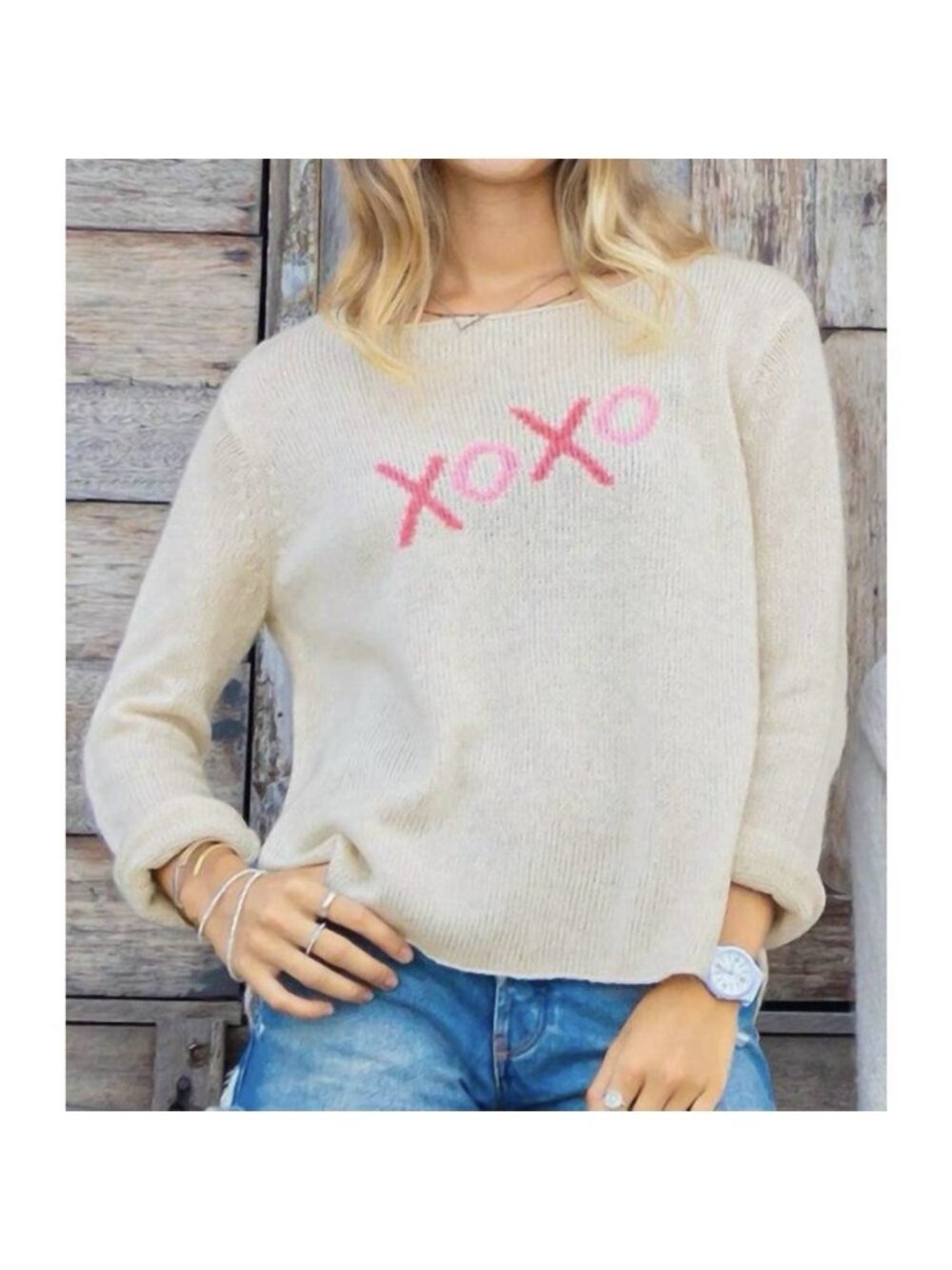 Wooden Ships XOXO Crew Lightweight Open Knit Sweater NWT Cream Pink L